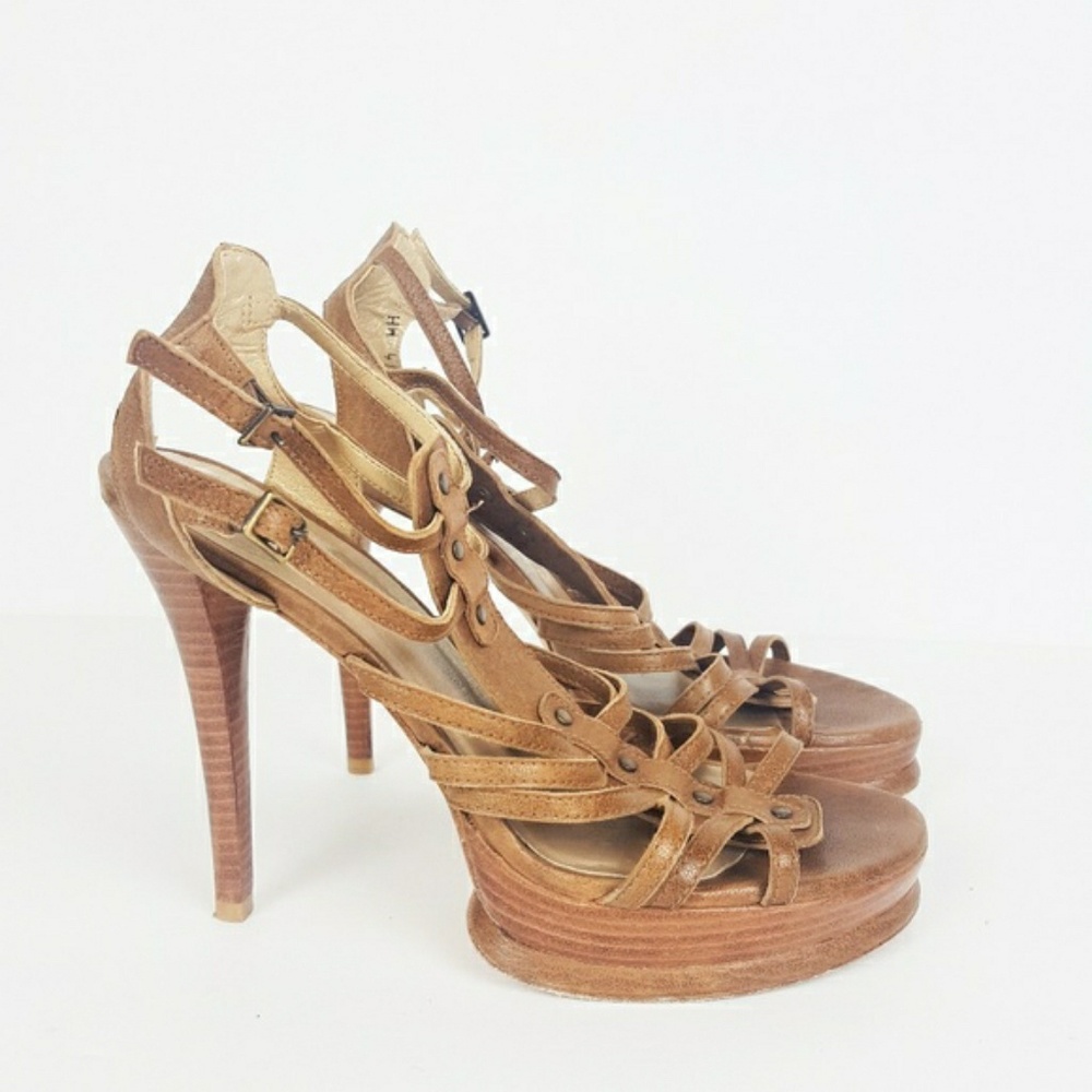 Stuart Weitzman Brown Leather Strappy Stacked Heel
